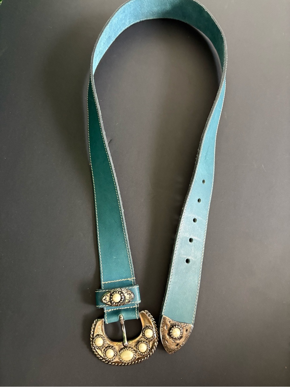 Adoppia Vita Teal Italian Leather Belt with Ornate Gold-Tone Buckle and pearls